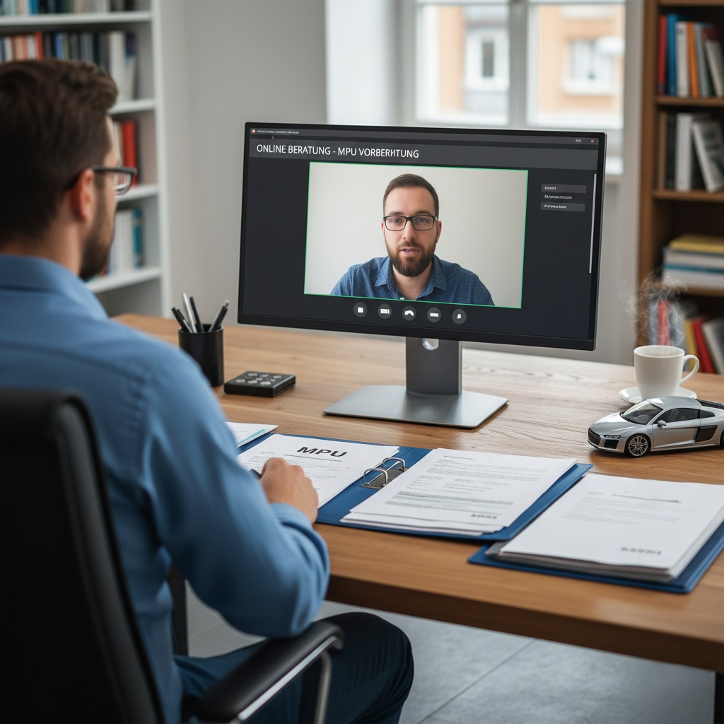 Online MPU Vorbereitung – Klient sitzt vor Bildschirm mit Dokumenten
